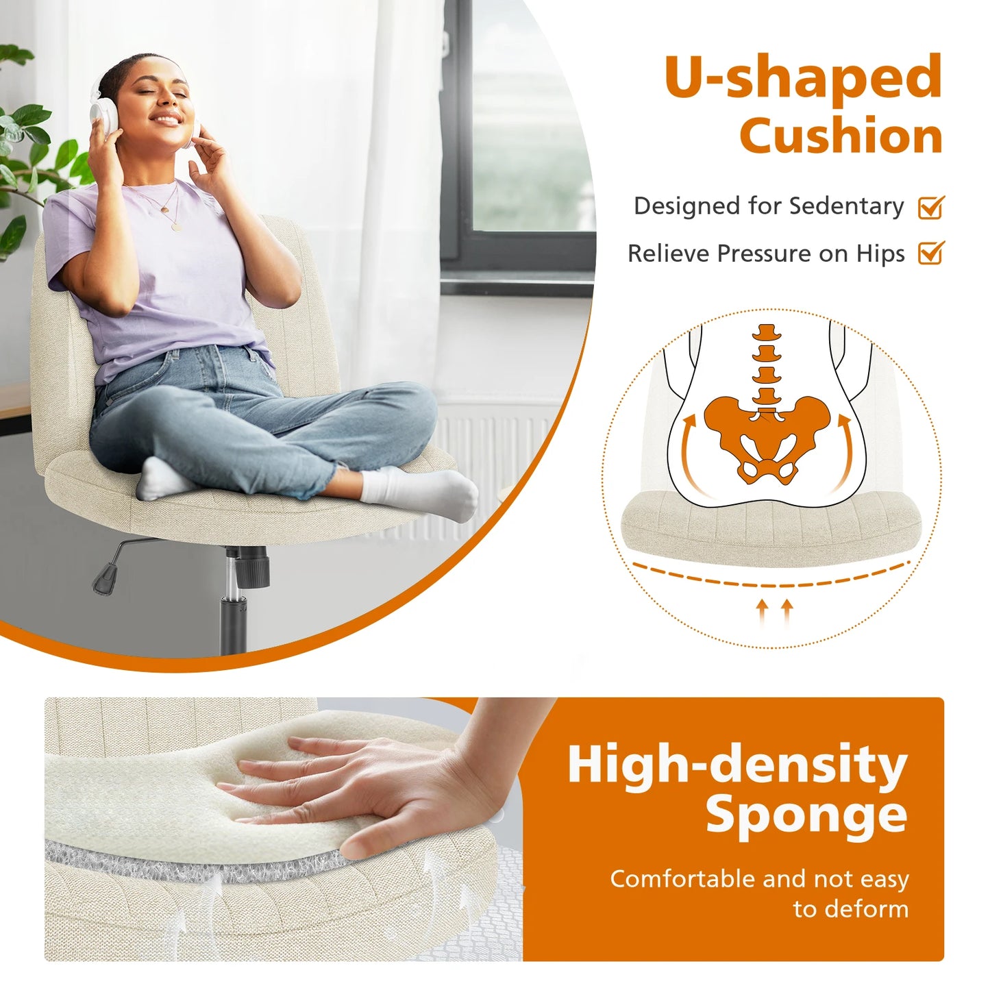 MBM Cross Legged Office Chair - Wide Armless Seat & Adjustable Swivel