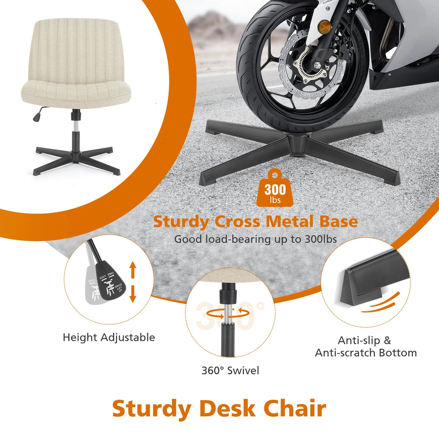MBM Cross Legged Office Chair - Wide Armless Seat & Adjustable Swivel