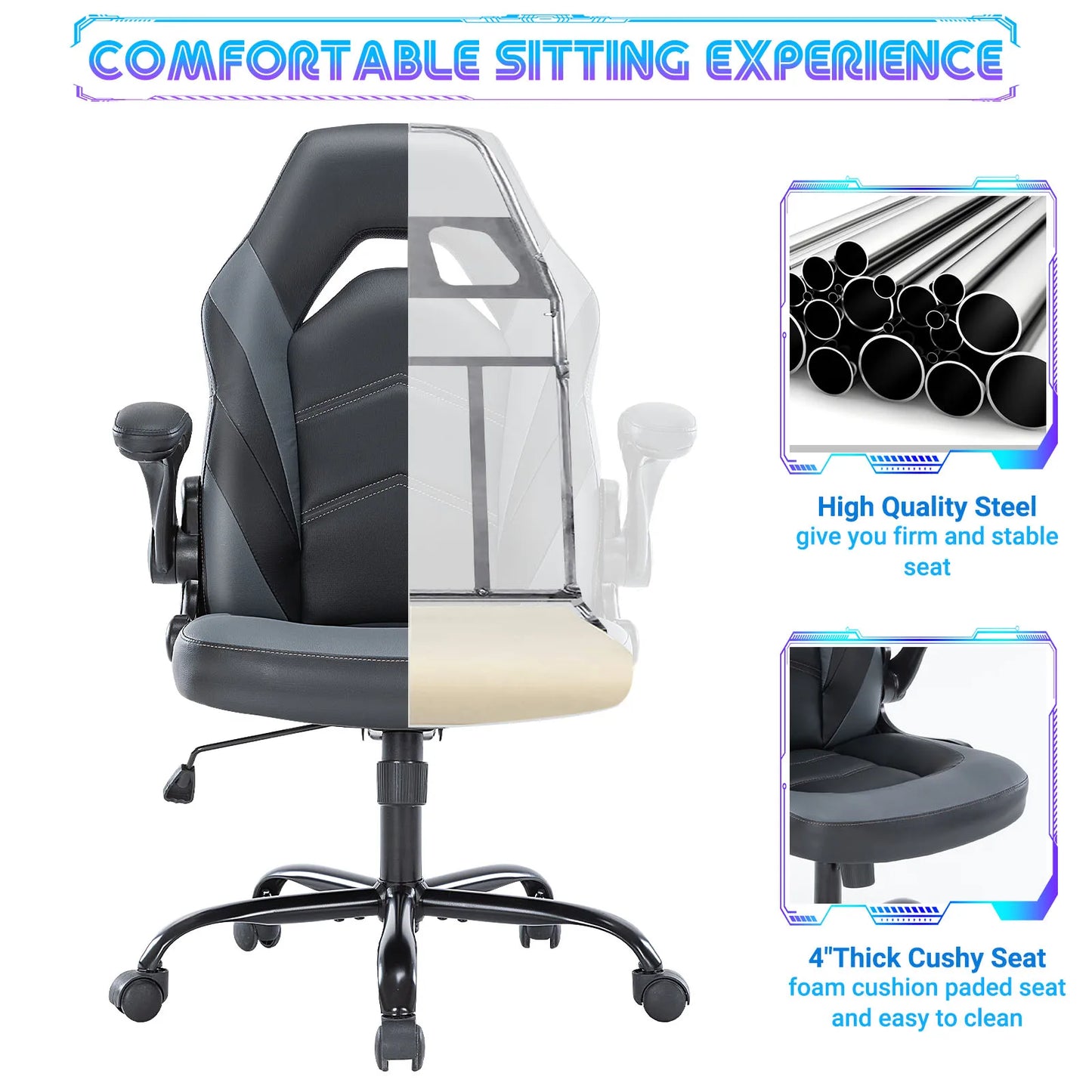 MBM Ergonomic PU Leather Office & Gaming Chair – Adjustable Height, Flip-Up Armrests, Racing Design
