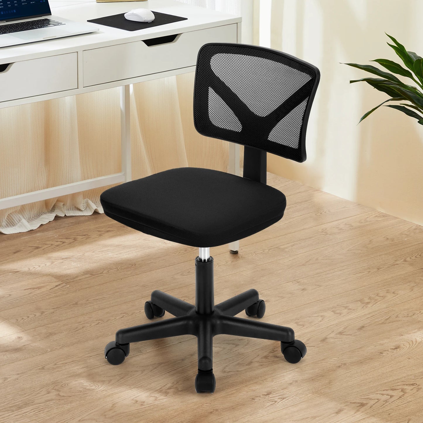 MBM Mesh Armless Office Chair with Lumbar Support – Low Back, Adjustable Height, 360° Swivel, Rolling Computer Chair