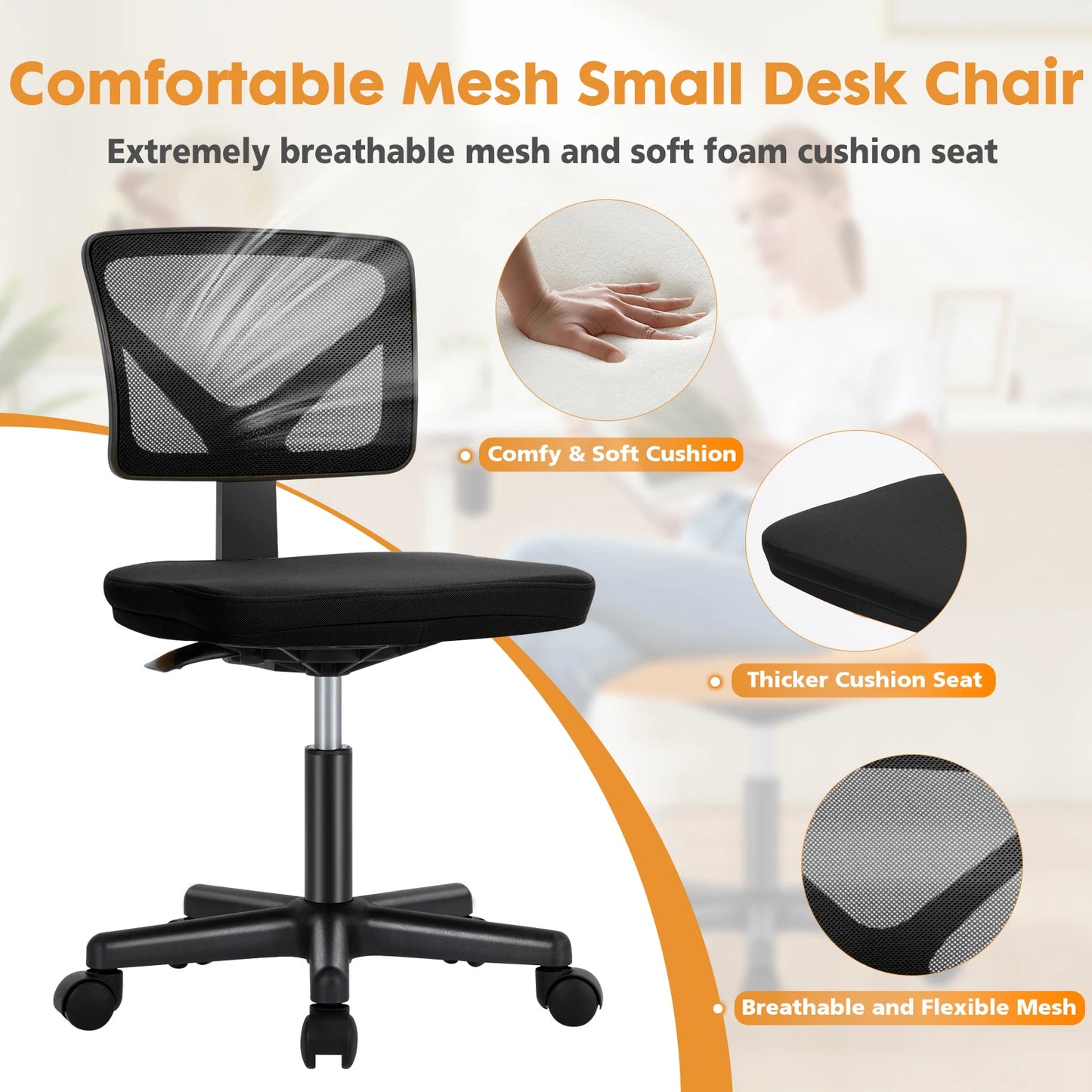 MBM Mesh Armless Office Chair with Lumbar Support – Low Back, Adjustable Height, 360° Swivel, Rolling Computer Chair