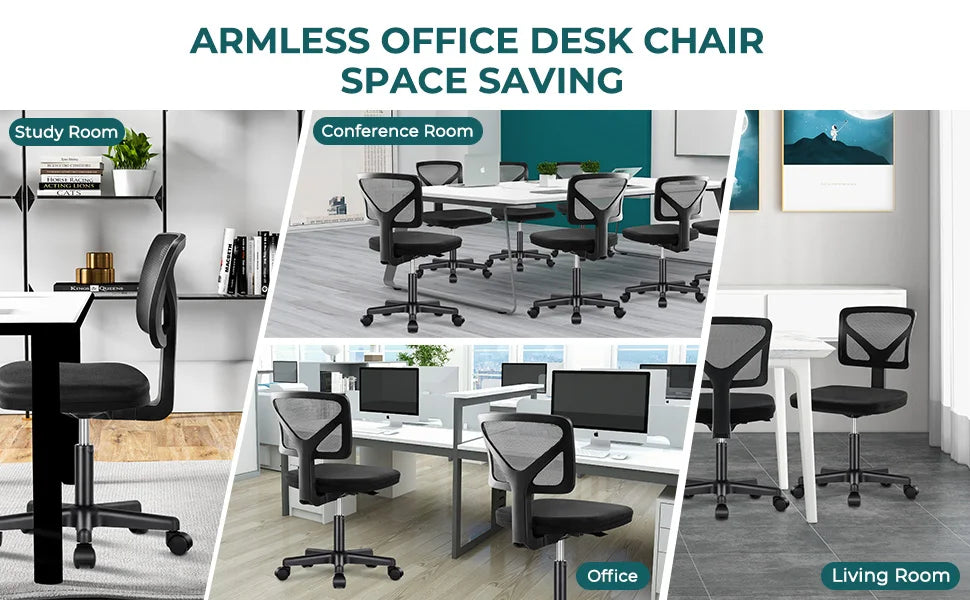 MBM Mesh Armless Office Chair with Lumbar Support – Low Back, Adjustable Height, 360° Swivel, Rolling Computer Chair
