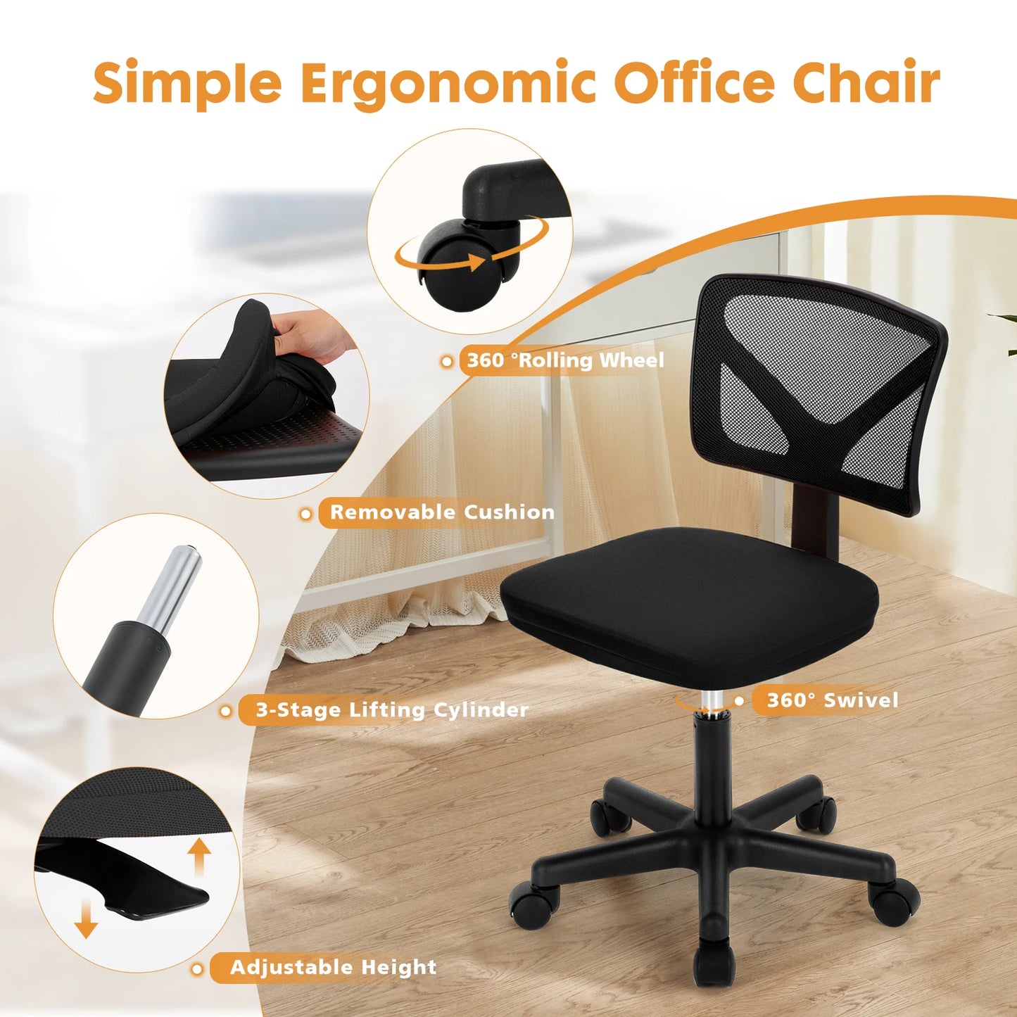 MBM Mesh Armless Office Chair with Lumbar Support – Low Back, Adjustable Height, 360° Swivel, Rolling Computer Chair