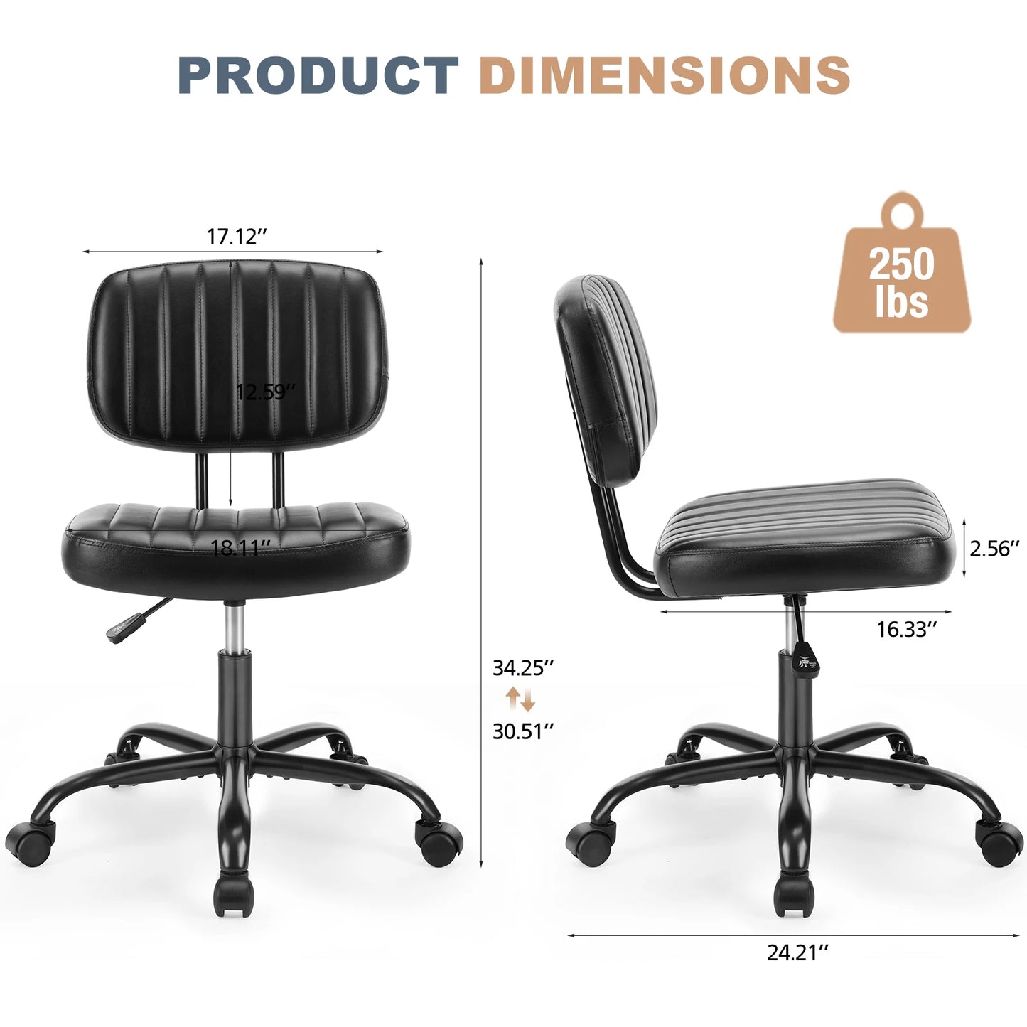MBM Armless PU Leather Office Chair Modern Adjustable Height Desk Chair