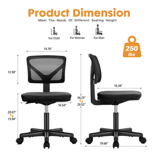 MBM Mesh Armless Office Chair with Lumbar Support – Low Back, Adjustable Height, 360° Swivel, Rolling Computer Chair