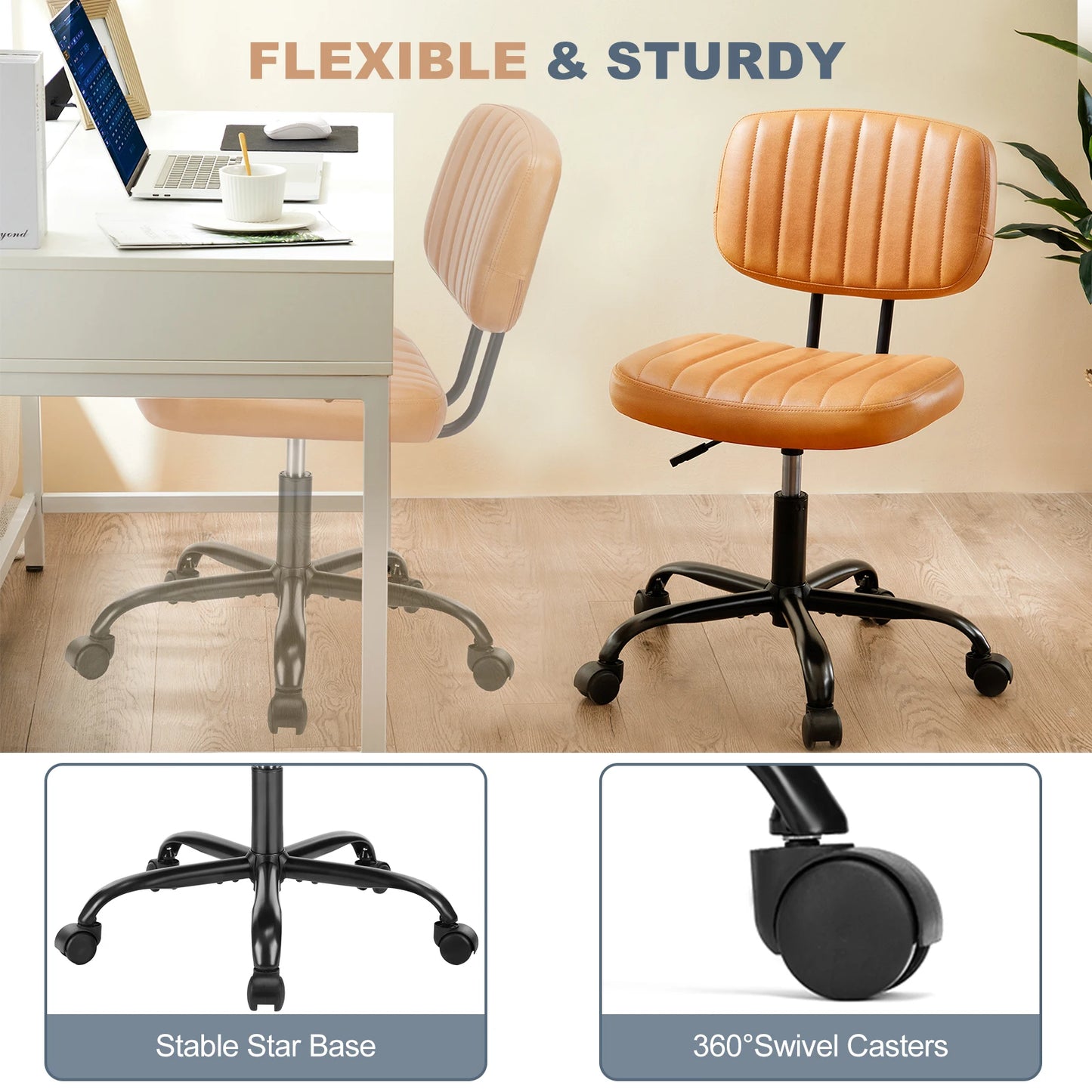 MBM Armless PU Leather Office Chair Modern Adjustable Height Desk Chair