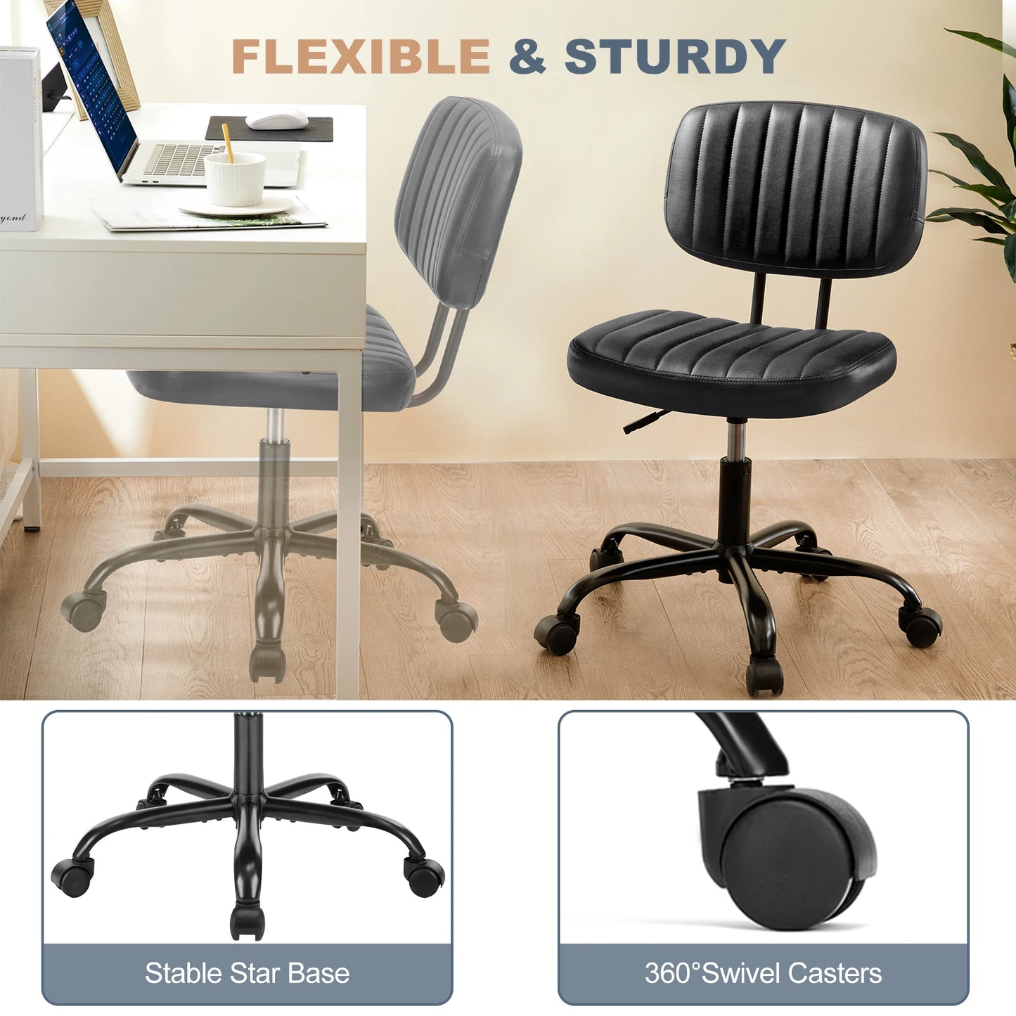 MBM Armless PU Leather Office Chair Modern Adjustable Height Desk Chair