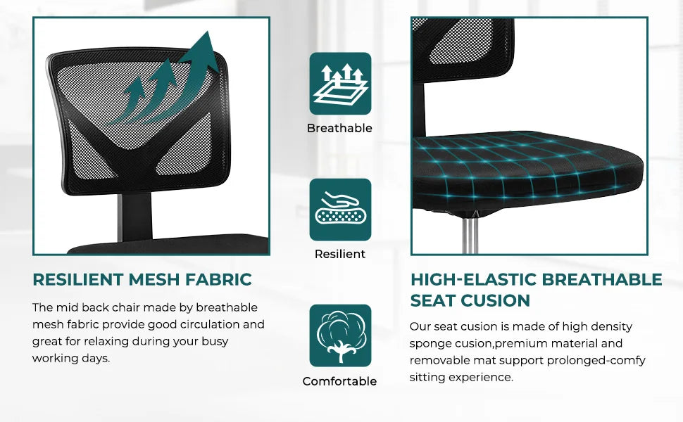 MBM Mesh Armless Office Chair with Lumbar Support – Low Back, Adjustable Height, 360° Swivel, Rolling Computer Chair