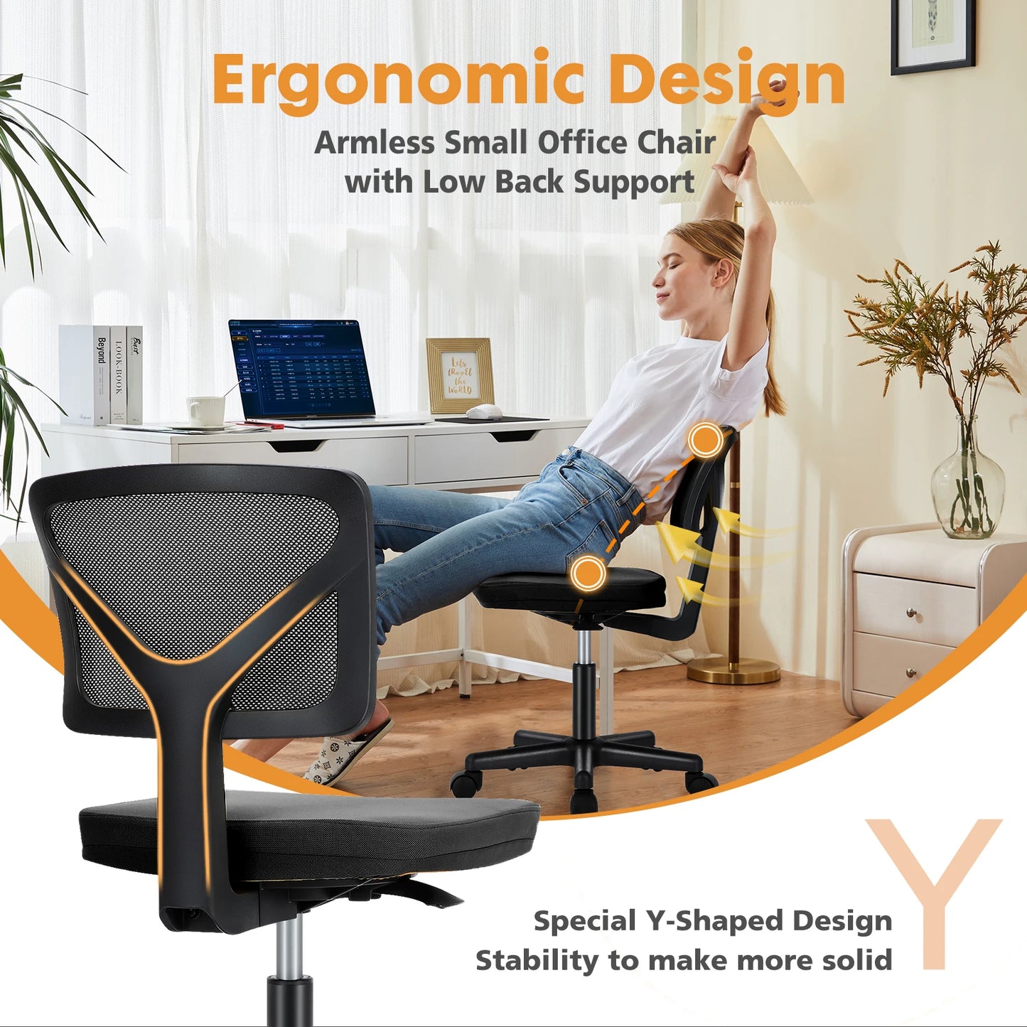 MBM Mesh Armless Office Chair with Lumbar Support – Low Back, Adjustable Height, 360° Swivel, Rolling Computer Chair