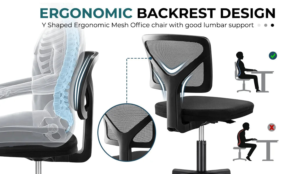 MBM Mesh Armless Office Chair with Lumbar Support – Low Back, Adjustable Height, 360° Swivel, Rolling Computer Chair